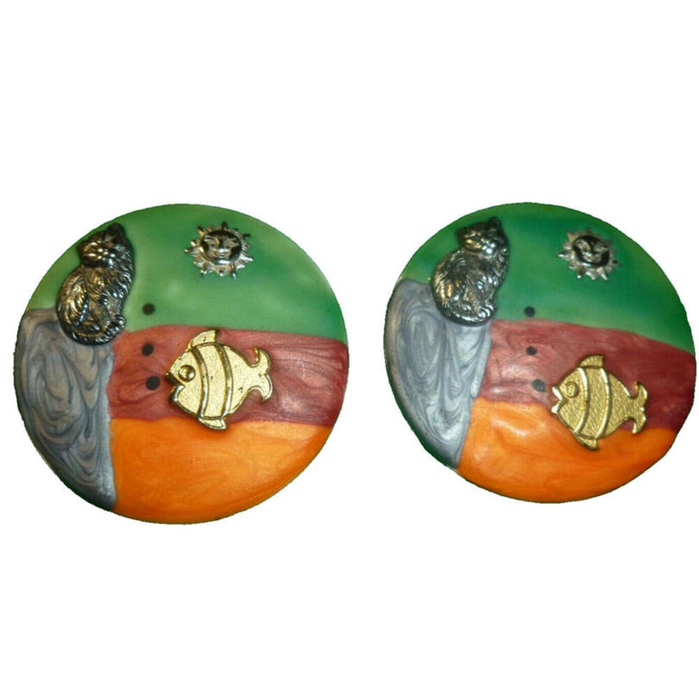 Vintage Handmade Whimsical Cat Fish Sun Earrings Round Large